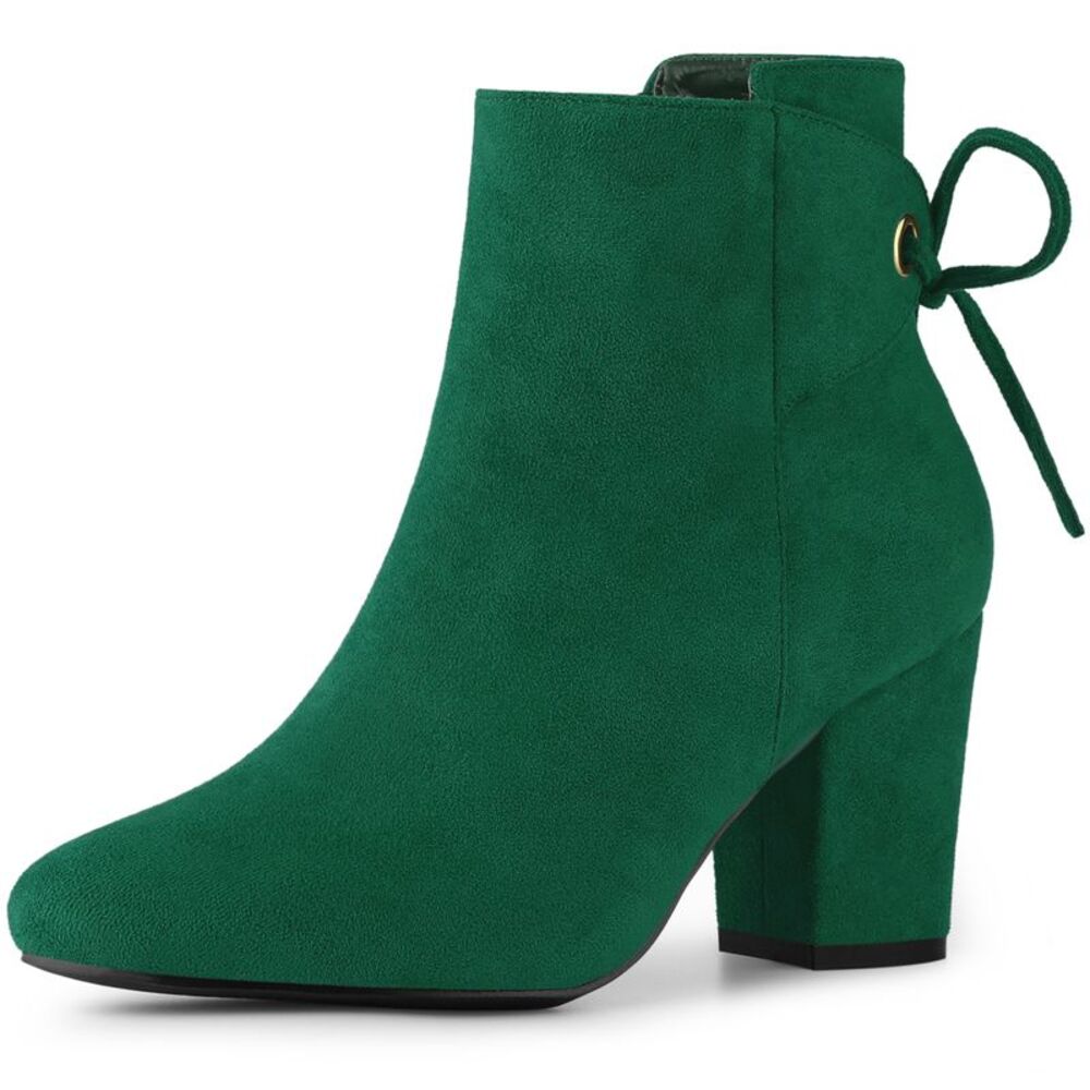 Round Toe Lace Up Chunky High Heels Emerald Green Ankle Boots for Women